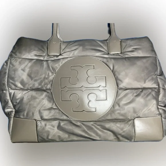 Tory Burch Nylon Ella Puffer Tote Handbag Taupe Gray - Picture 2 of 16